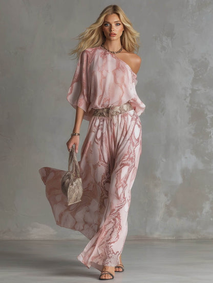 Slangenprint Eén-Schouder Top & Wijde Pantalon Set