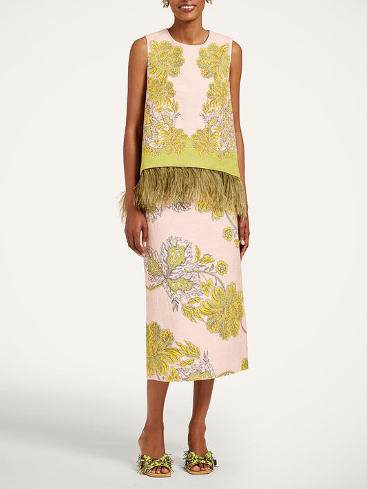 Feather Trim Top & Midi Rok Twee-Delige Set