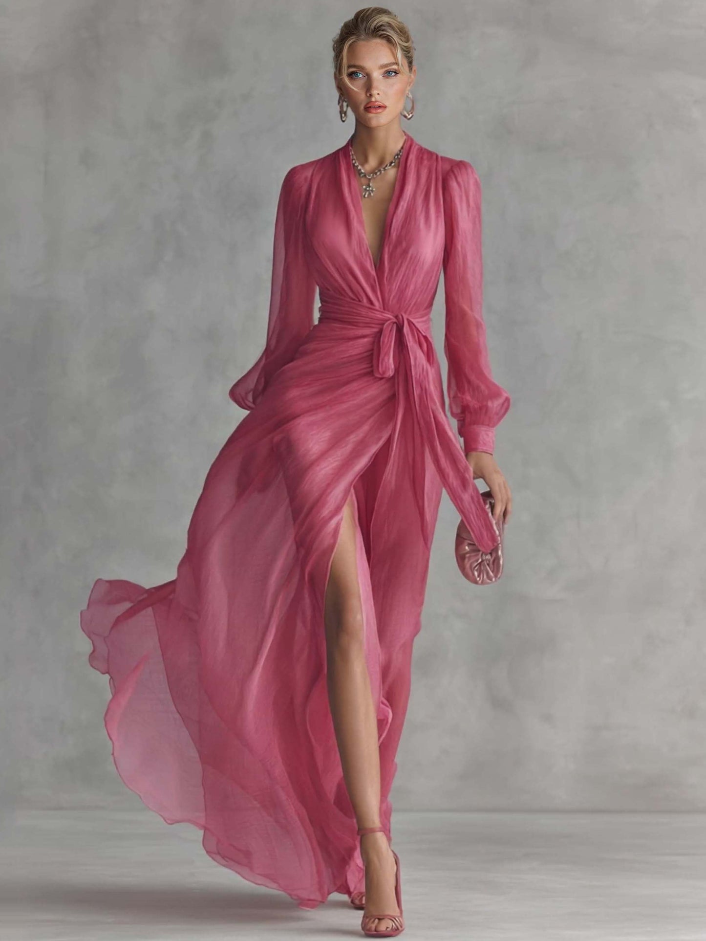 Elegante Chiffon Maxi Jurk met Parelen Versiering en V-Hals met Tailleband