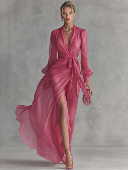 Elegante Chiffon Maxi Jurk met Parelen Versiering en V-Hals met Tailleband