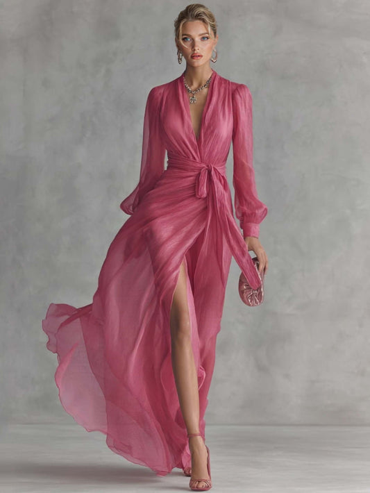 Elegante Chiffon Maxi Jurk met Parelen Versiering en V-Hals met Tailleband
