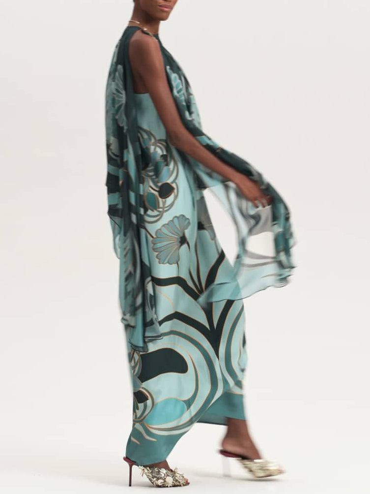 Unieke Art Nouveau Geprinte Tulle Sjaal Jurk Set