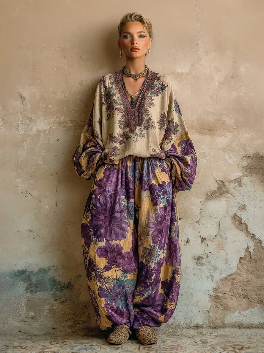 Retro Bloem Geborduurde Top & Wijde Broek Twee-Stuk Set