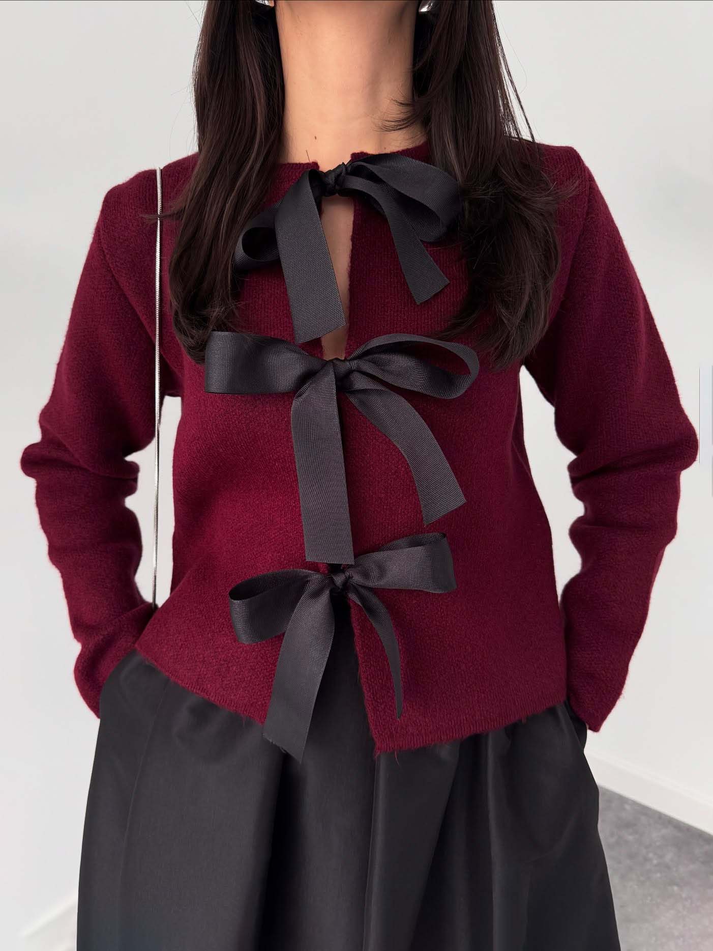 Elegante Boog-Breikardigan En A-Lijn Maxi Rok Set