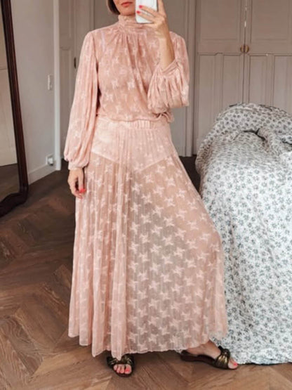 Elegante Mesh Ruffled Lace Hoge Hals Blouse & Elastische Taille Rok Set