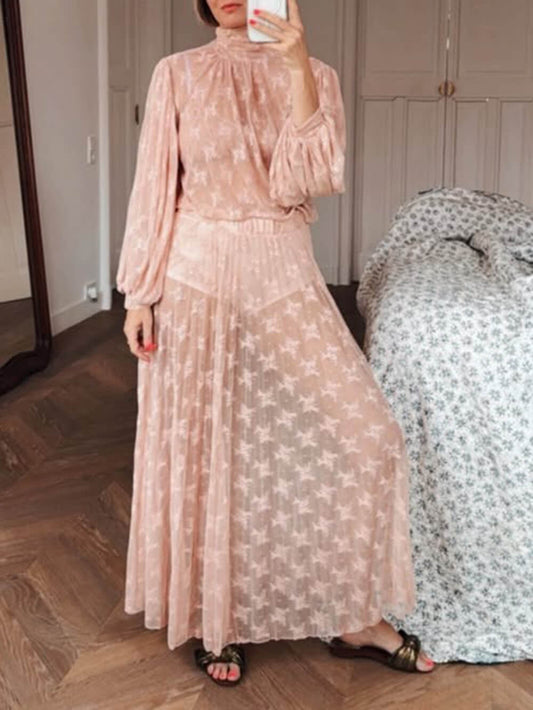 Elegante Mesh Ruffled Lace Hoge Hals Blouse & Elastische Taille Rok Set