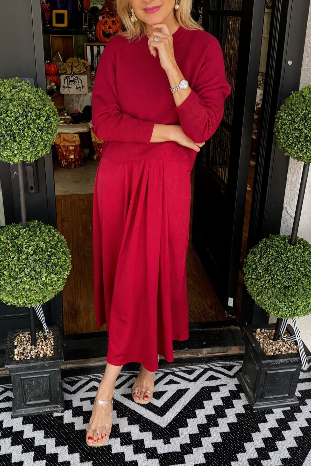 Fashion Knit Ruched Sweater en Satin Stretch Tank Midi Dress Twee-delige Set