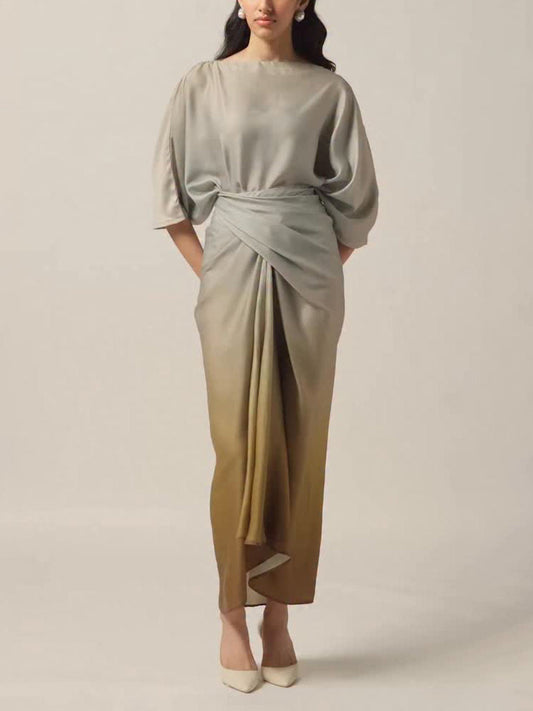 Elegante Gradient Draped Top En Geplooide Lange Rok Twee-delige Set