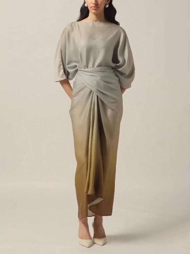 Elegante Gradient Draped Top En Geplooide Lange Rok Twee-delige Set