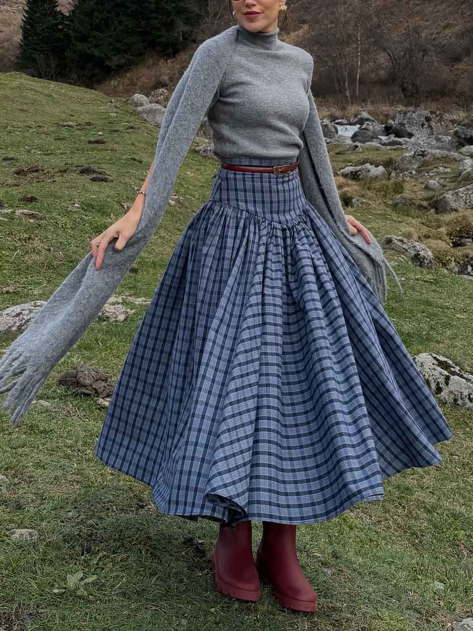Retro Geruite Maxi Rok Twee-delige Set