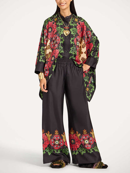 Exquisite Satin Floral Print Kimono Shirt Twee-Delige Set