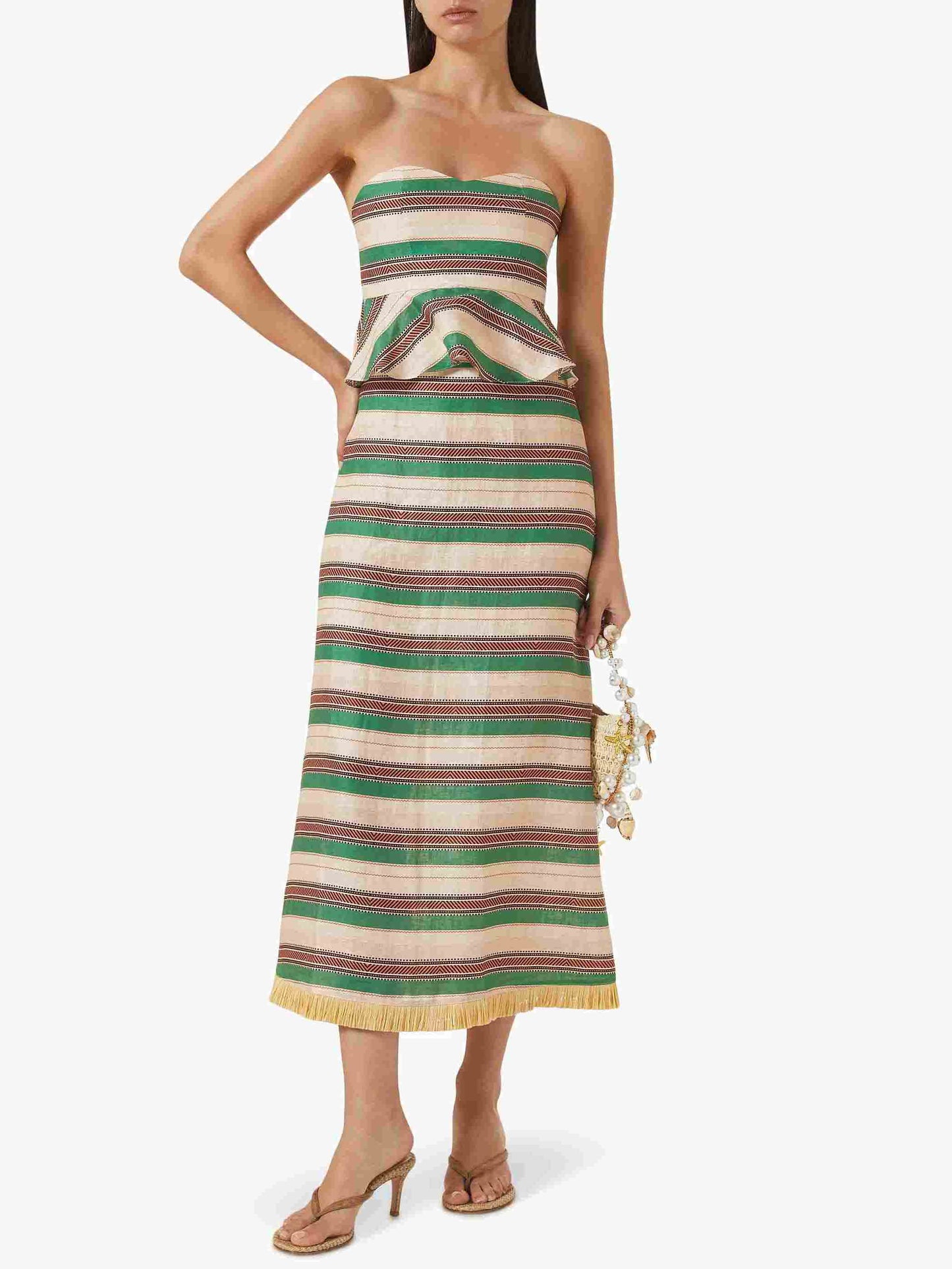 Gestreepte Print Ruffle Hem Crop Top & Fringe Rok Twee-Piece Set