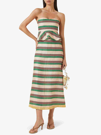 Gestreepte Print Ruffle Hem Crop Top & Fringe Rok Twee-Piece Set