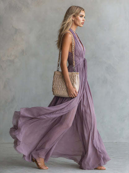 Elegante Rimpel Halter Nek Vloeiende Maxi Jurk