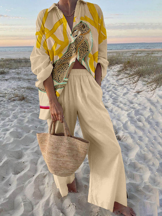 Moderne Casual Luipaardprint Oversized Shirt en Elastische Taille Pocket Broek Set