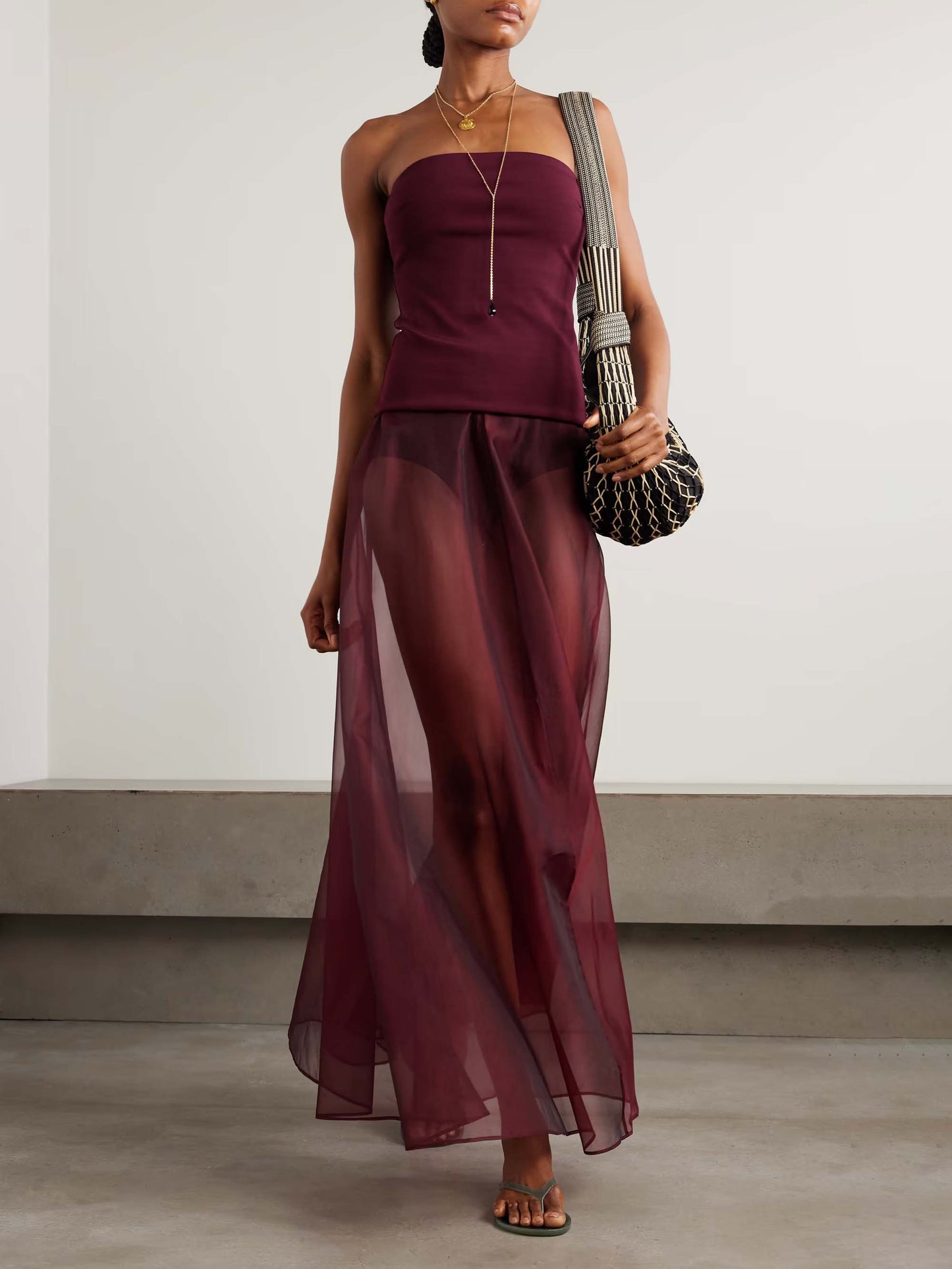 Elegante Strapless Aansluitende Top En Transparante Maxi Rok Twee-delige Set