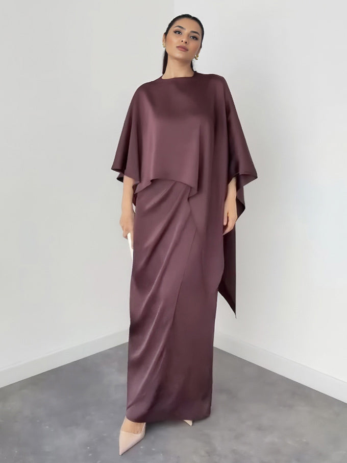 Elegante Satijnen Cape Mouw Top & Maxi Rok Twee-Piece Set