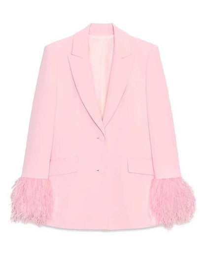 Elegante Roze Blazer met Veerafwerking en Lange Mouwen