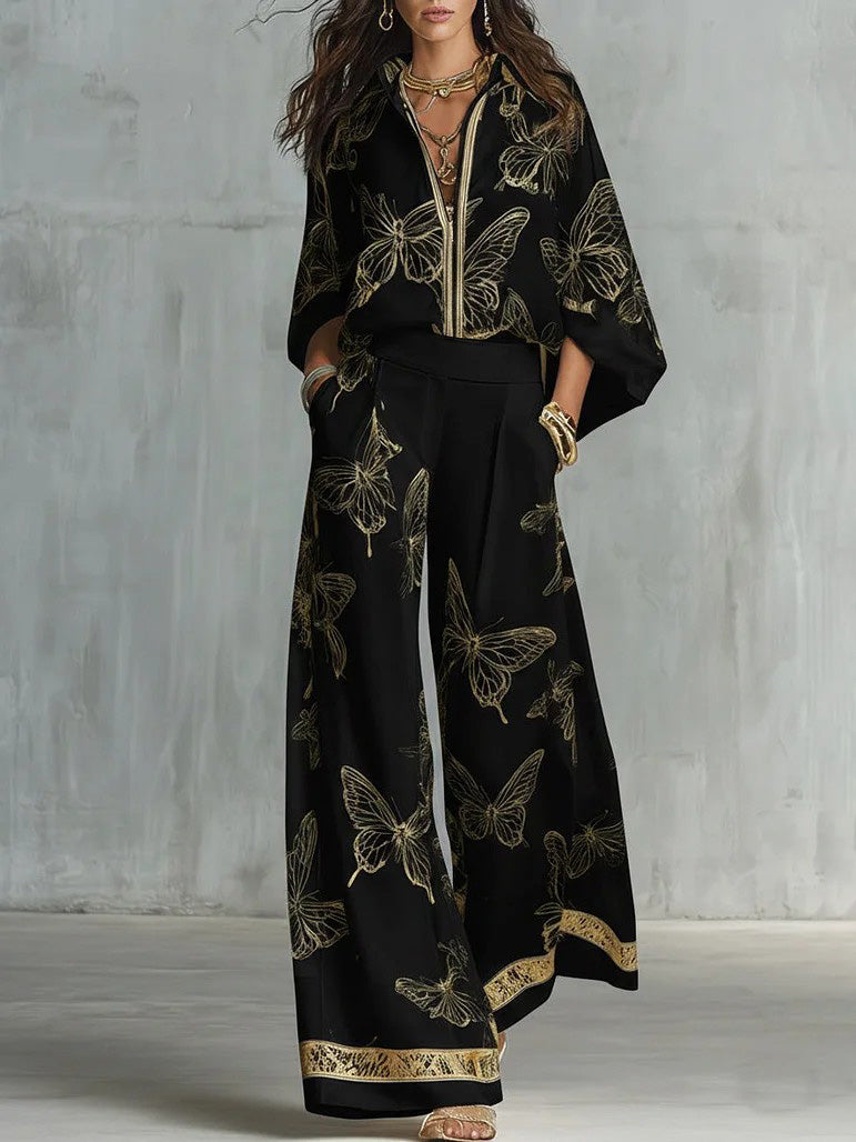 Elegante Vlinderprint Rits Top & Wijde Pantalon Set
