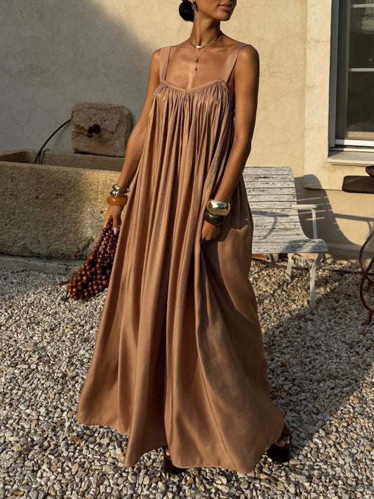 Elegante Vloeiende Plissé Spaghetti Band Maxi Jurk