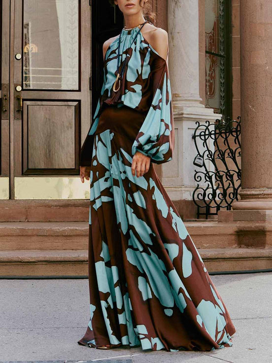 Elegante Off-Shoulder Abstract Print Maxi Jurk