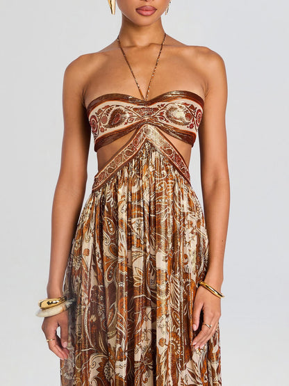 Elegante Holle Print Halternek Rugloze Maxi Jurk