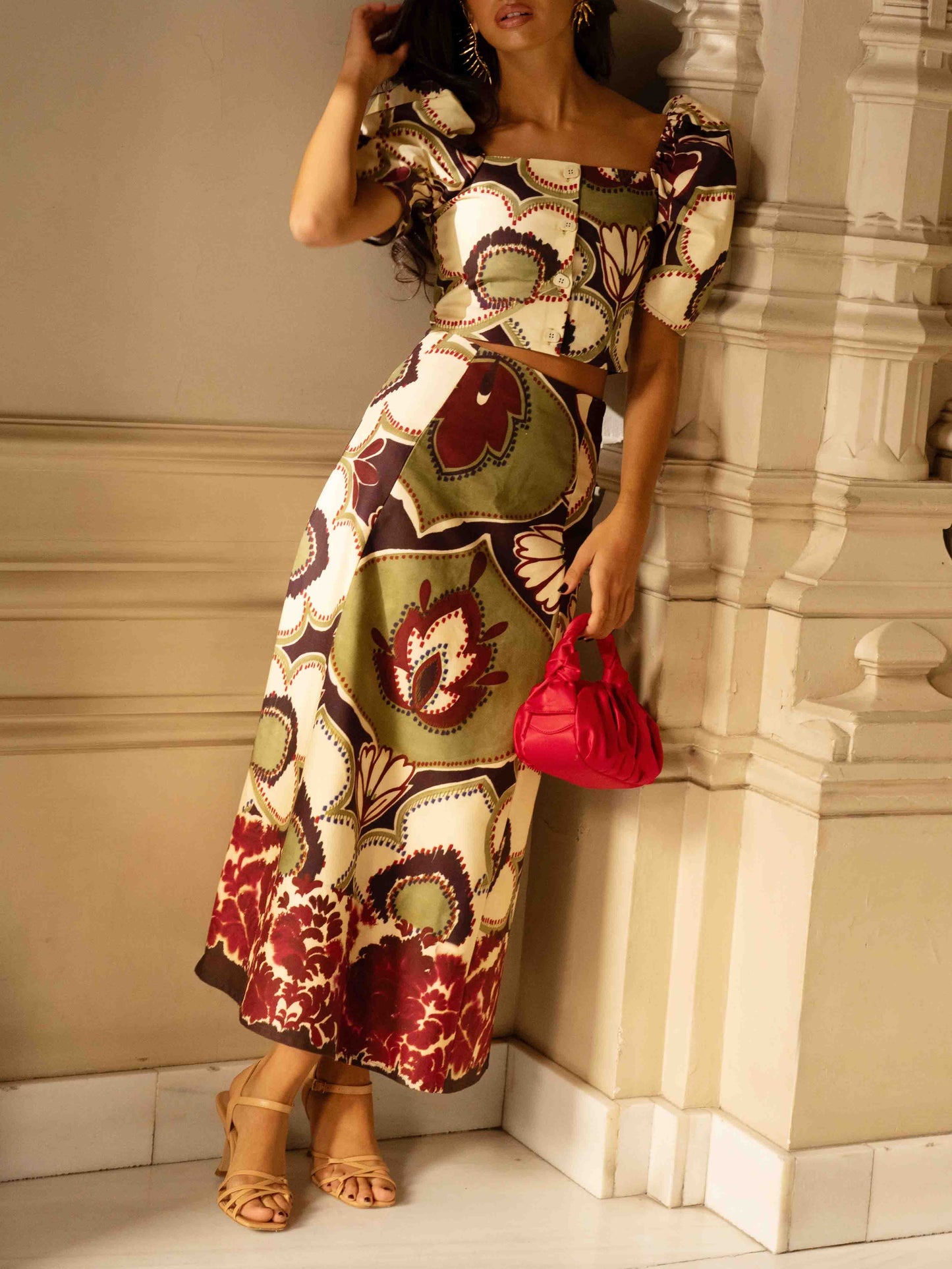 Elegante Retro Bloemen Puff Sleeve Rok Twee-delige Set