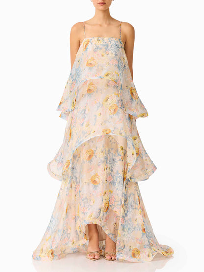 Elegante Bloemenprint Gelaagde Chiffon Vloeiende Maxi Jurk