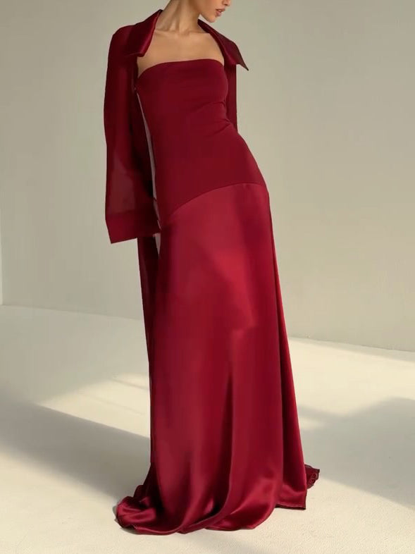 Elegante Satijnen Maxi Jurk & Lange Transparante Chiffon Cover-Up Twee-Delige Set