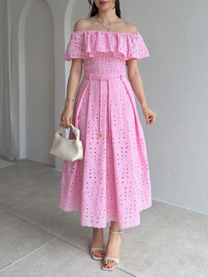 Exquise Uitgesneden Borduursel Off-Shoulder Ruffle Twee-Piece Crop Set