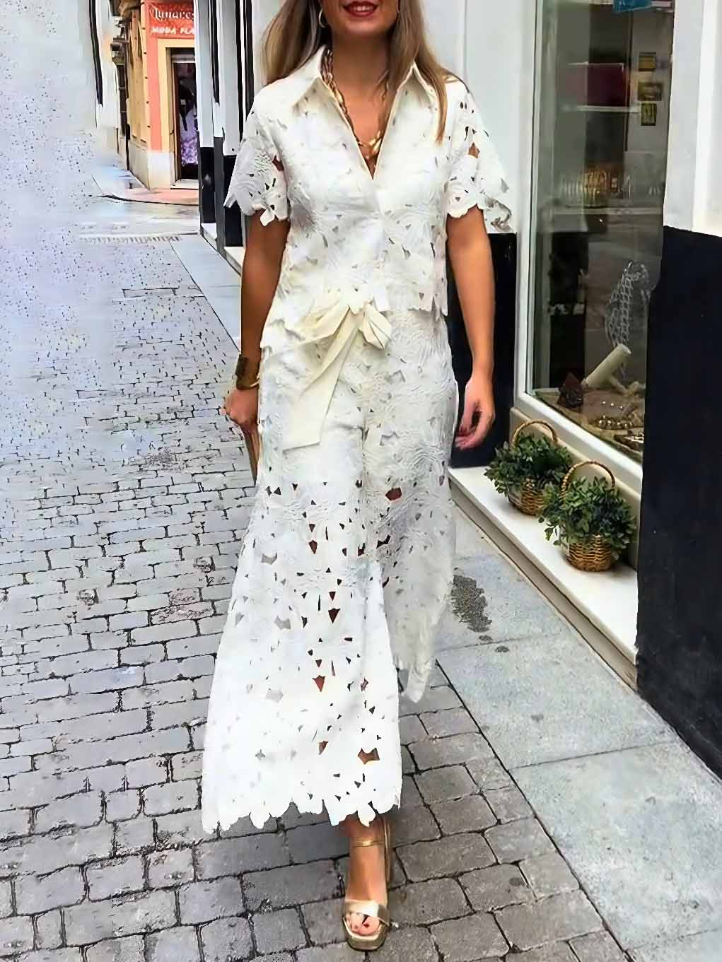 Casual Cutout Kanten Shirt & Wijde Pantalon Twee-Piece Set