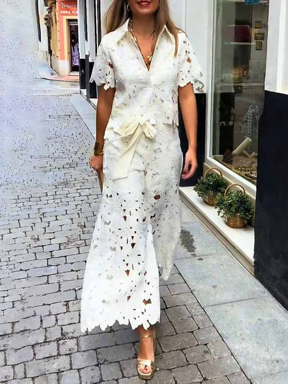 Casual Cutout Kanten Shirt & Wijde Pantalon Twee-Piece Set
