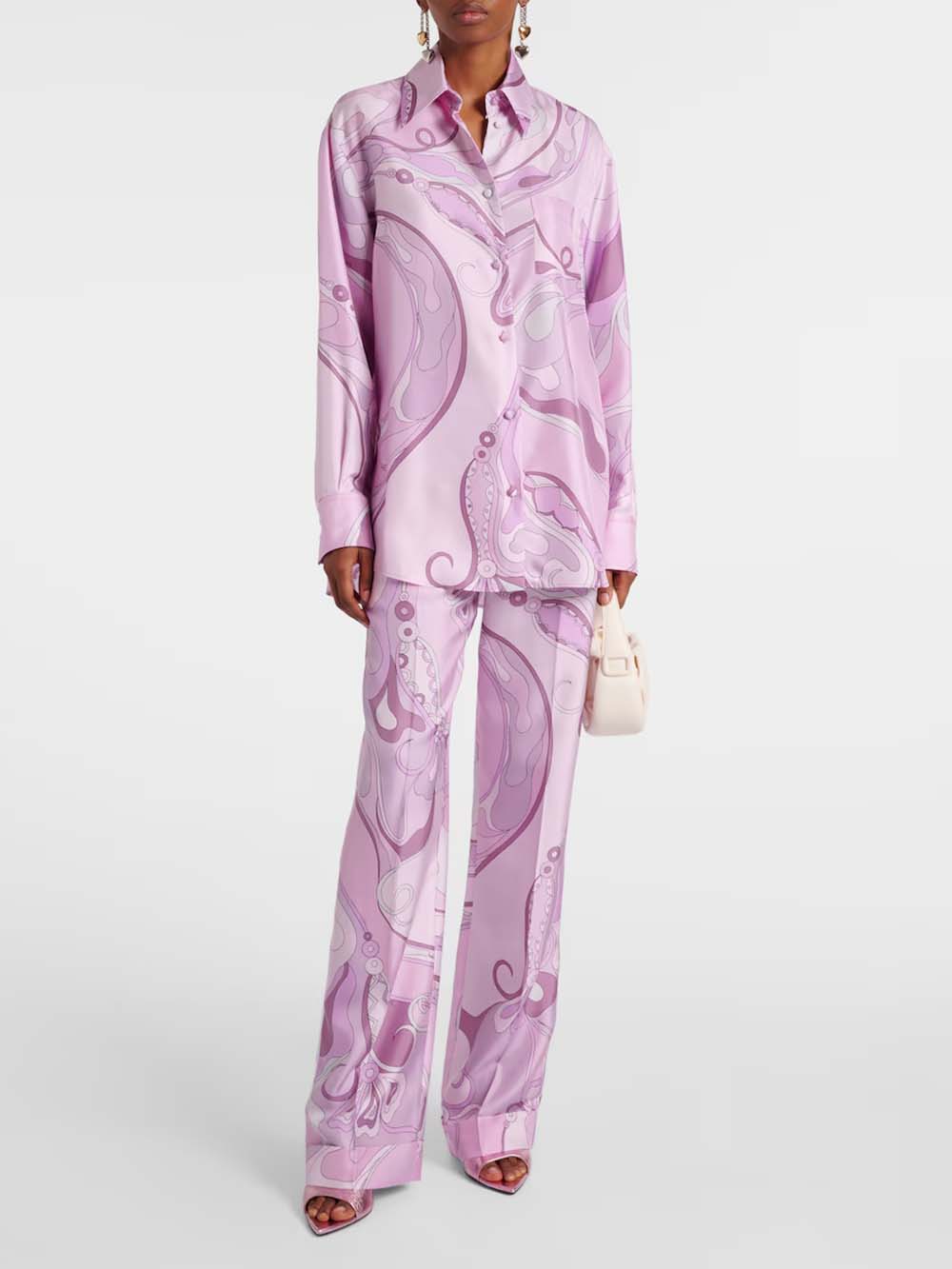 Exquise Orchidee Print Satijn Twill Knop Shirt & Rechte Pantalon Set