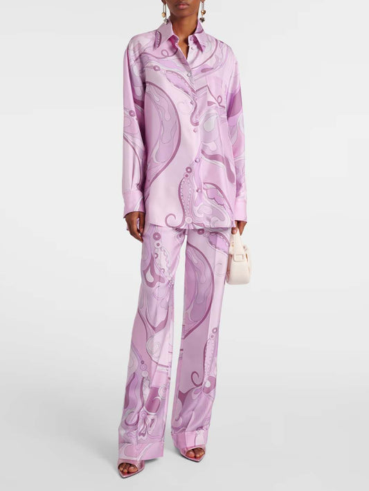 Exquise Orchidee Print Satijn Twill Knop Shirt & Rechte Pantalon Set