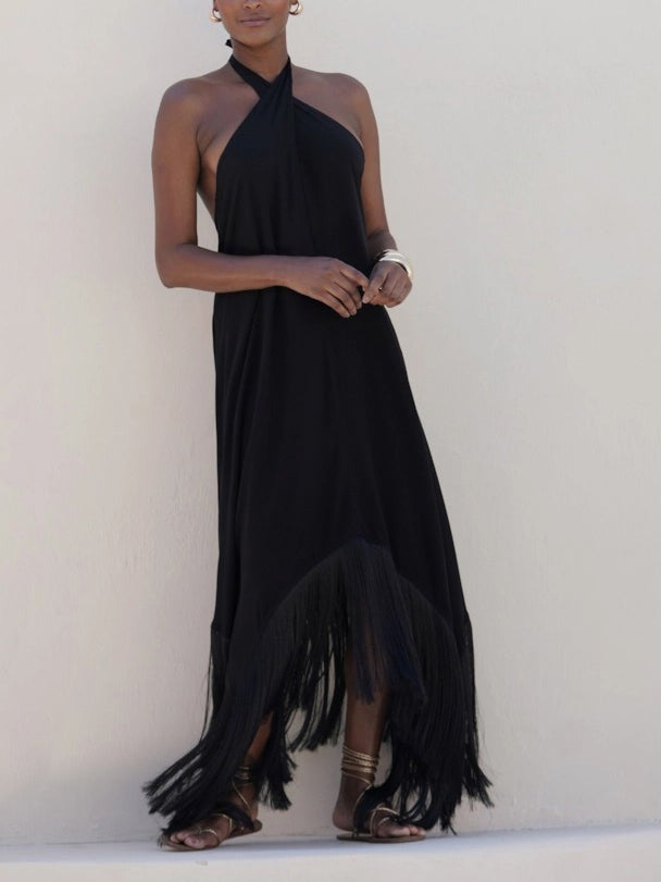 Elegante Halter Maxi Jurk met Ongelijke Tassels