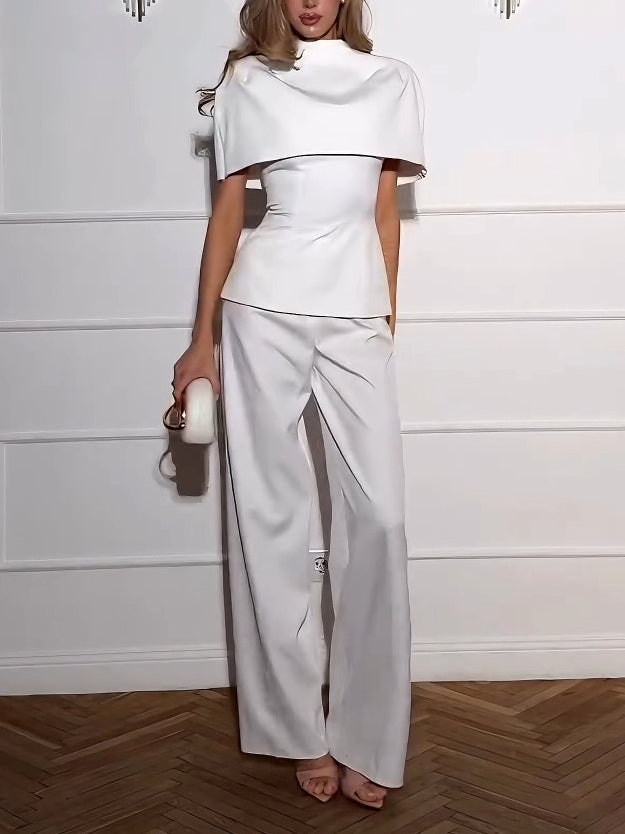 Elegante Cape-Stijl Top & Wijde Pantalon Tweedelig Set