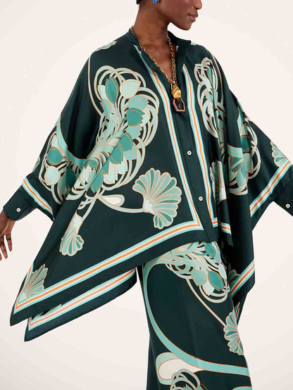 Elegante Abstracte Print Satijnen Blouse & Wijde Pantalon Set