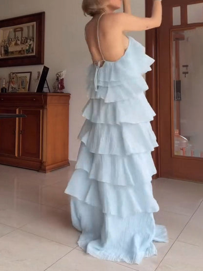 Elegante Gelaagde Rimpel Halter Maxi Jurk