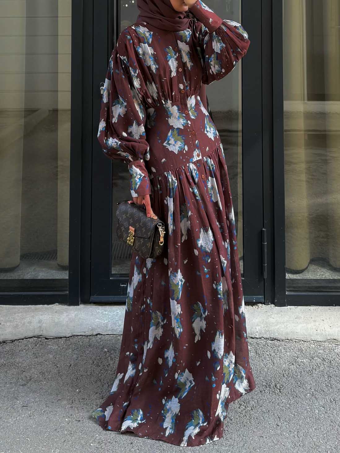 Retro Bloemenprint Plissé Ballon Mouw Maxi Jurk