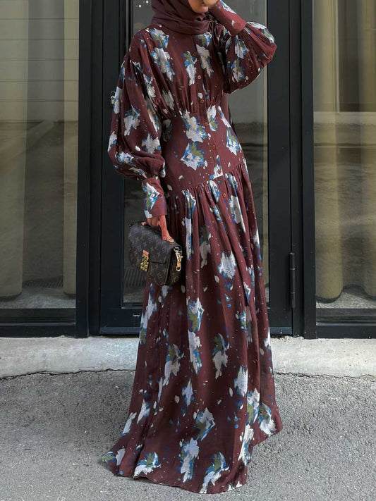 Retro Bloemenprint Plissé Ballon Mouw Maxi Jurk