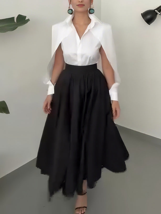 Elegante Cape-Schouder Shirt En Asymmetrische A-Lijn Midi Rok Set