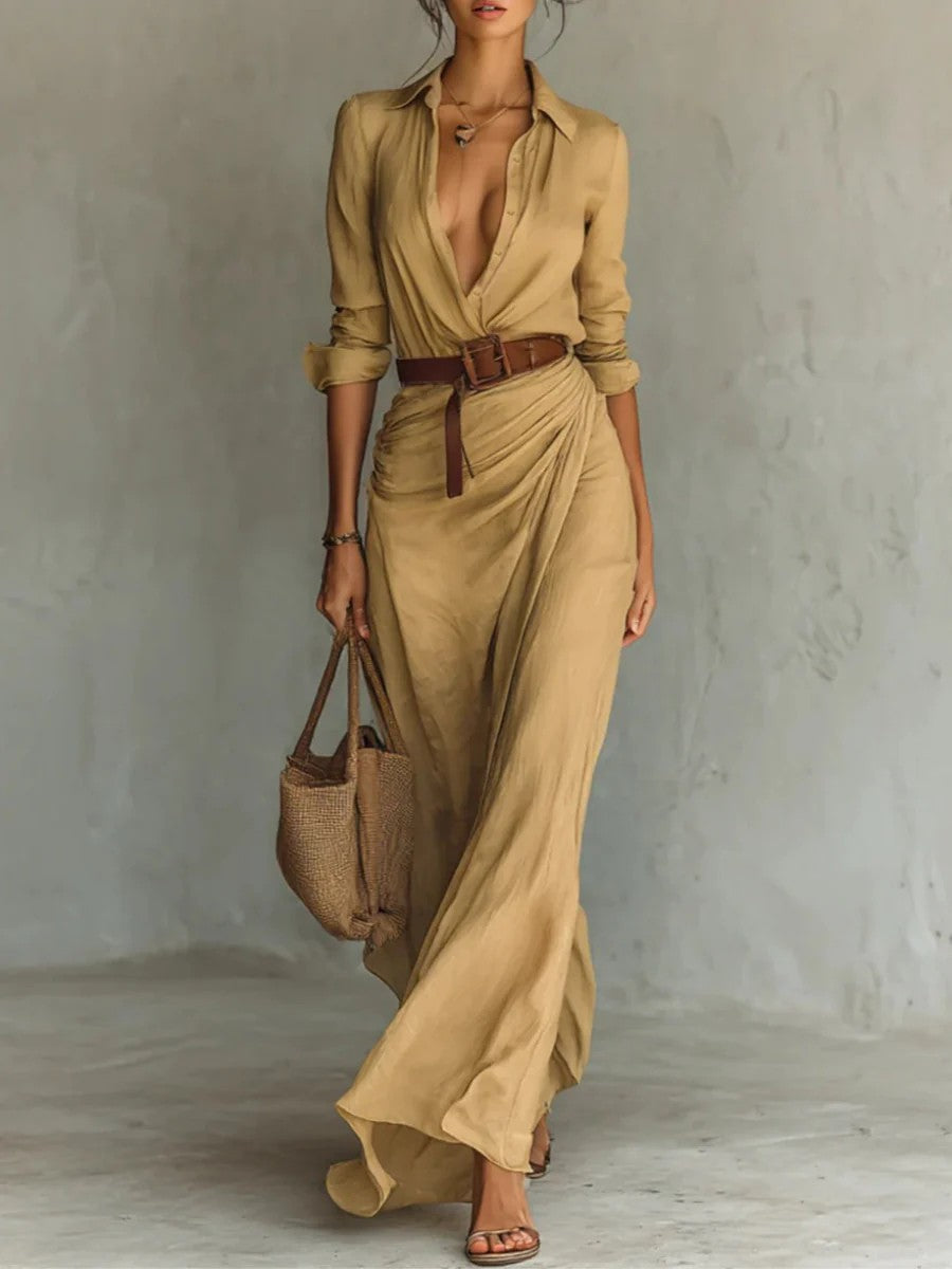 Elegante V-hals Plissé Taille Splits Maxi Jurk