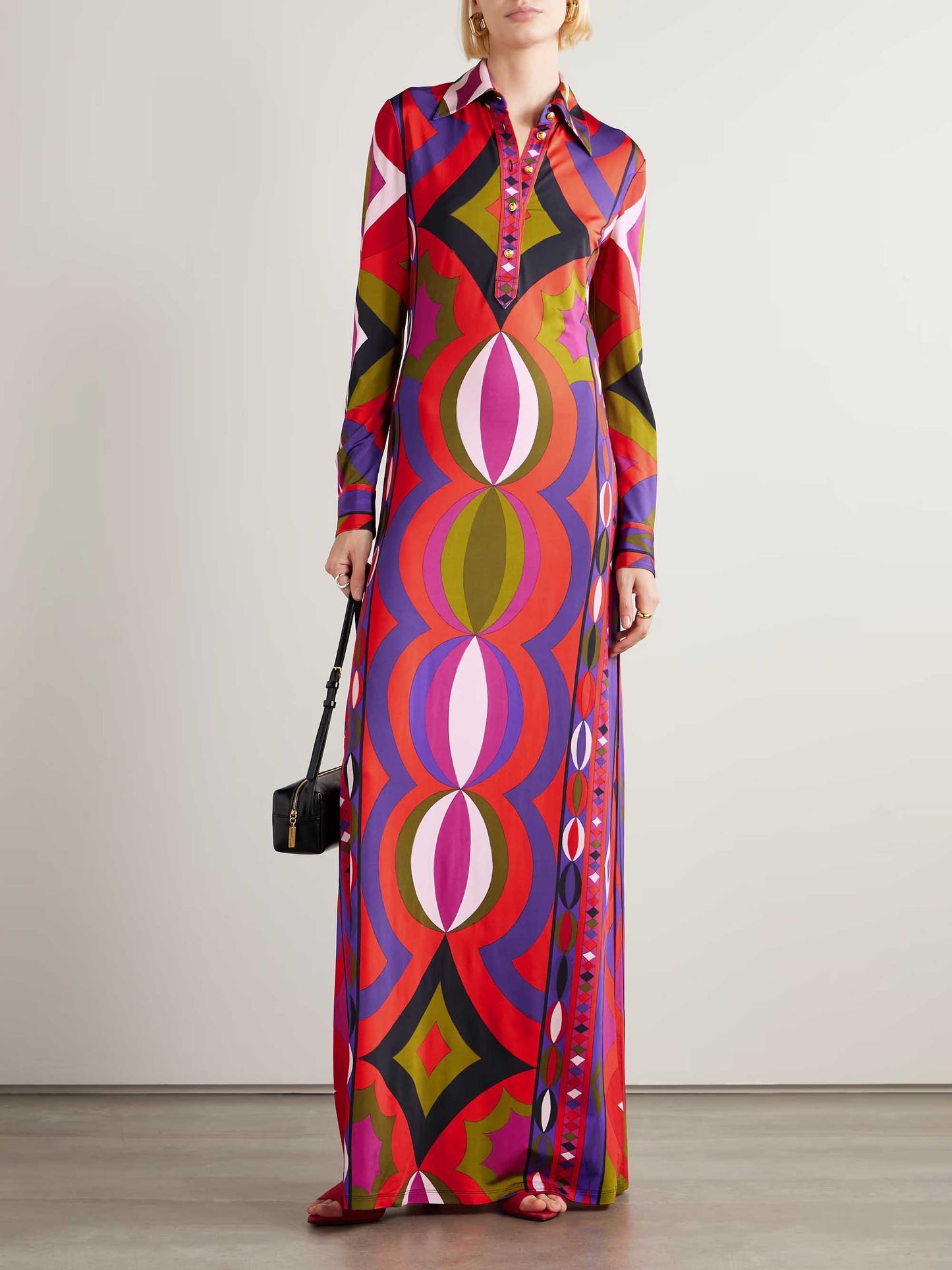 Unieke Retro Abstracte Print Hemdkragen Maxi Jurk