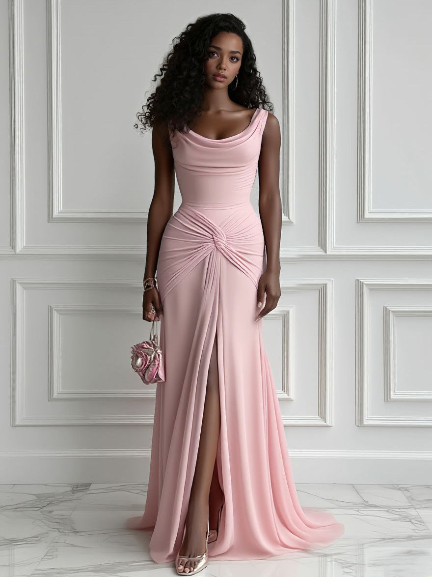 Elegante Plissé Twist-Front Maxi Jurk met Hoge Split