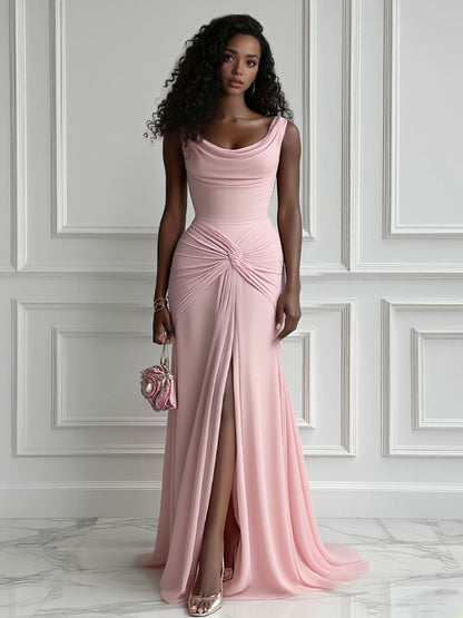 Elegante Plissé Twist-Front Maxi Jurk met Hoge Split