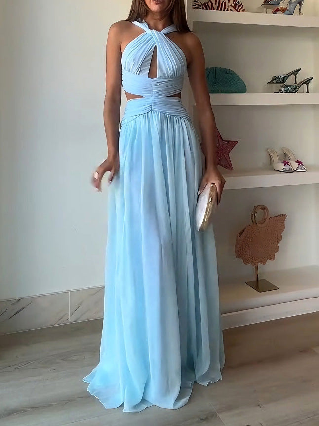 Elegante Halter Twist Front Cutout Plissé Maxi Jurk