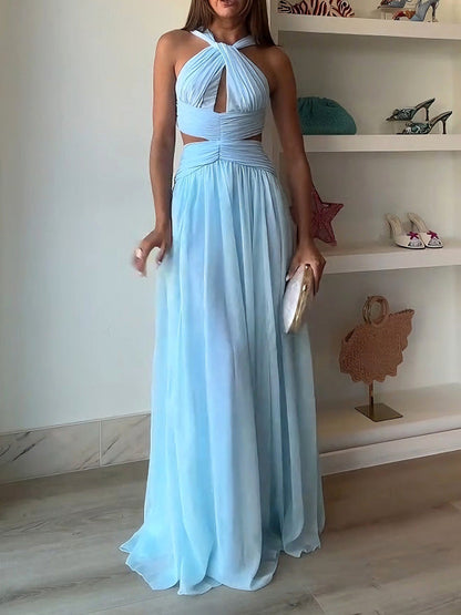 Elegante Halter Twist Front Cutout Plissé Maxi Jurk