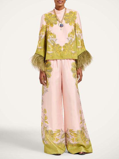 Exquise Bloemen Veren Trim Crop Top & Wijde Pantalon Twee-Delige Set