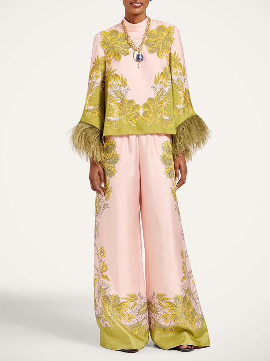 Exquise Bloemen Veren Trim Crop Top & Wijde Pantalon Twee-Delige Set