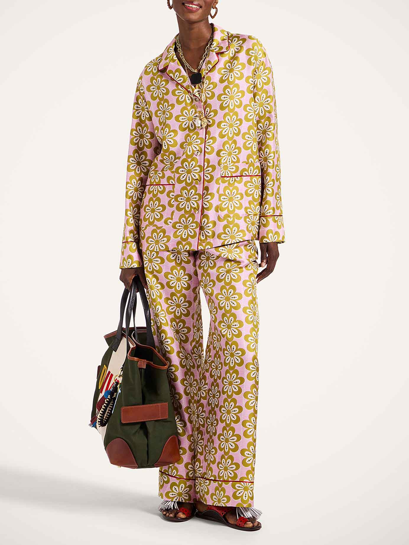 Exquise Satijnen Bloemenprint Lange Mouwen Pyjama Set